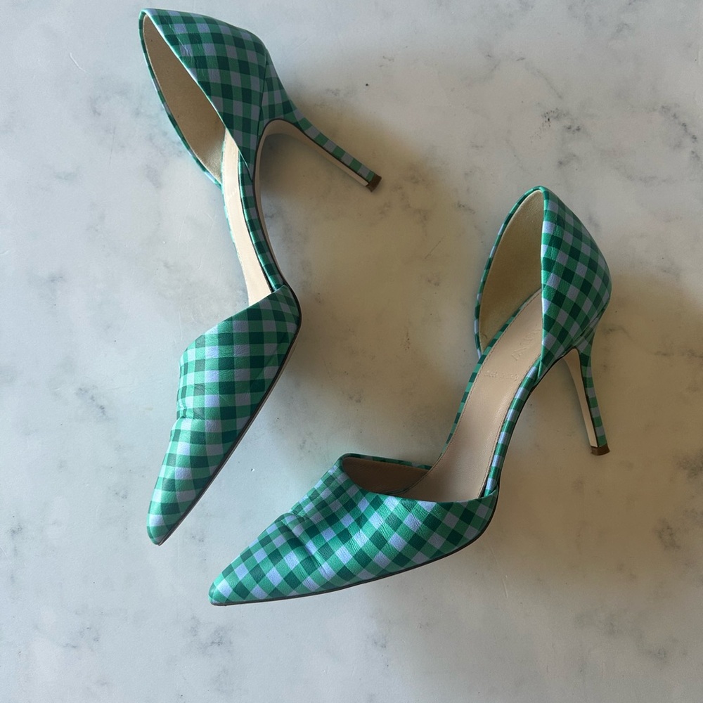 Pretty J.Crew Made in Italy Green Blue Gingham Checkered Women's Heel Size 8
